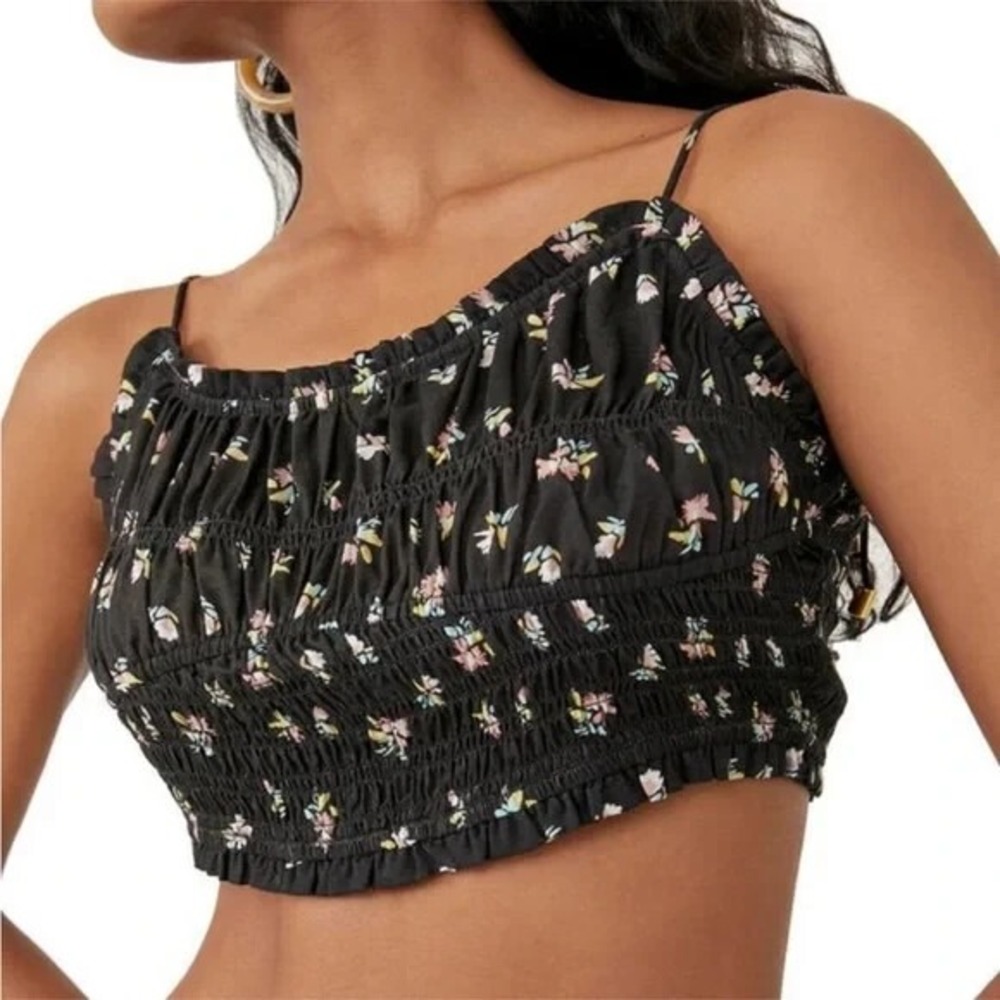 New Free People Kaia Smocked Tie Up Crop Top Black Floral Print Size Small‎ NWT